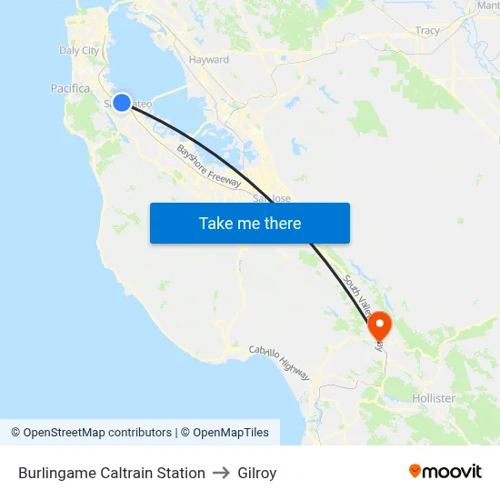 Burlingame Caltrain Station to Gilroy map