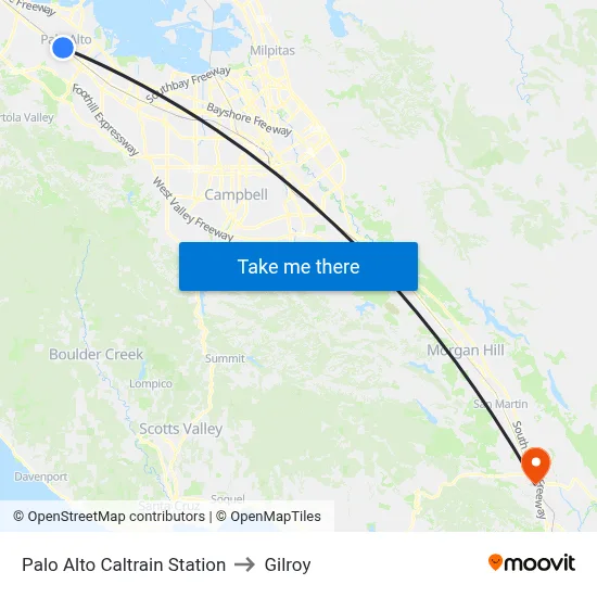 Palo Alto Caltrain Station to Gilroy map