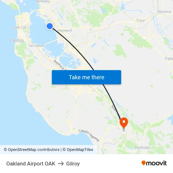 Oakland Airport OAK to Gilroy map