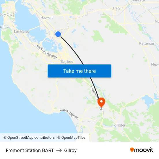 Fremont Station BART to Gilroy map