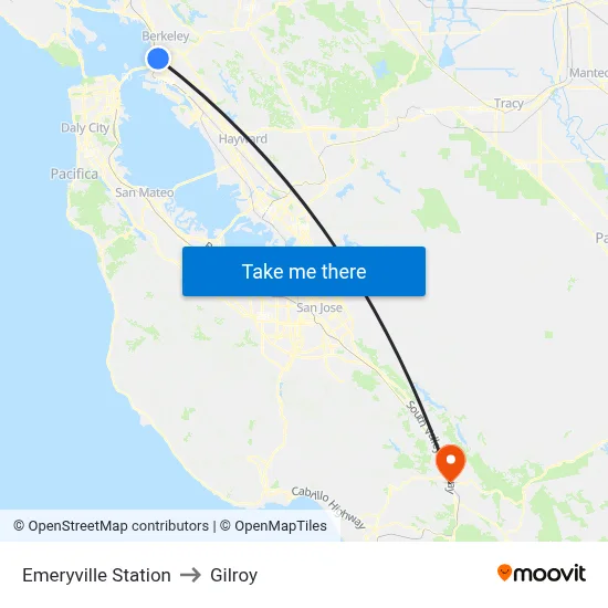 Emeryville Station to Gilroy map