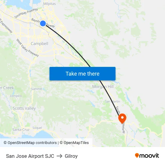 San Jose Airport SJC to Gilroy map
