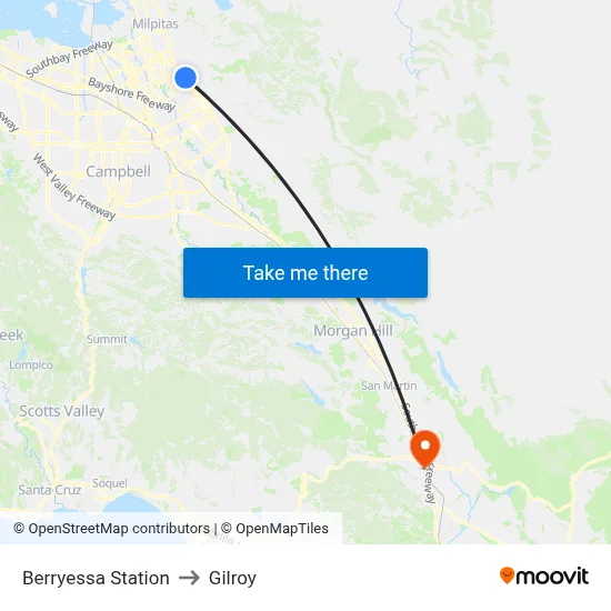 Berryessa Station to Gilroy map