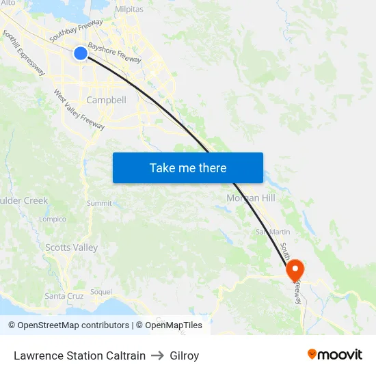 Lawrence Station Caltrain to Gilroy map
