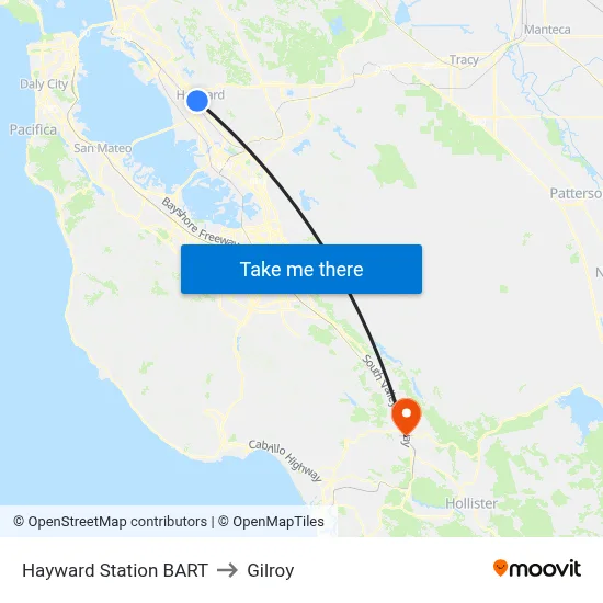 Hayward Station BART to Gilroy map