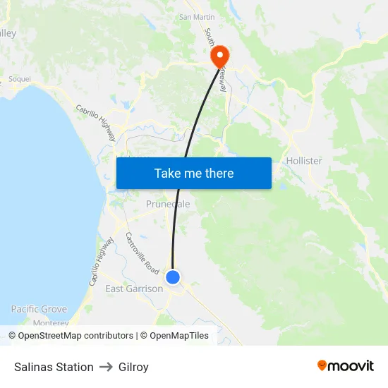 Salinas Station to Gilroy map