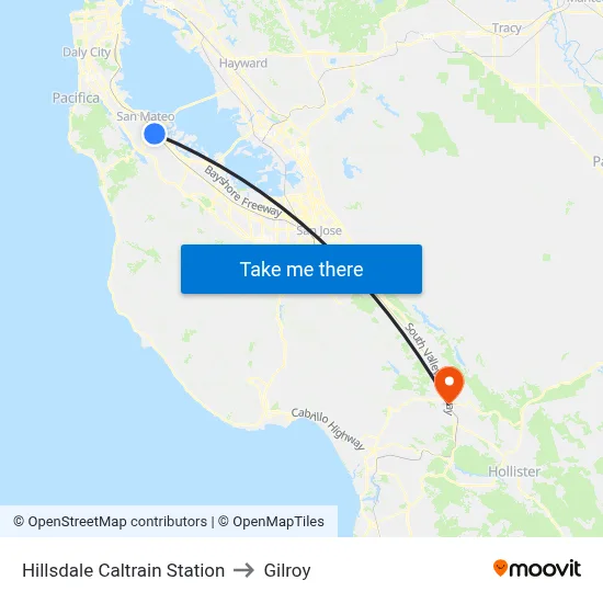 Hillsdale Caltrain Station to Gilroy map