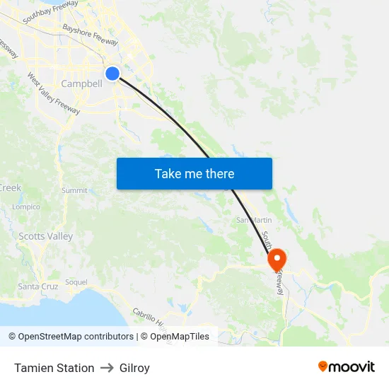 Tamien Station to Gilroy map
