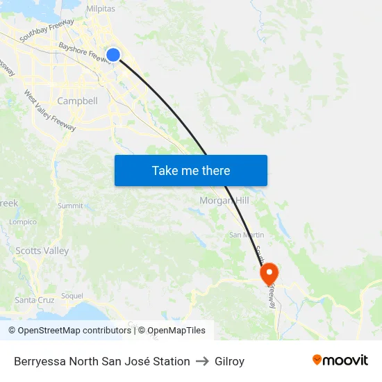 Berryessa North San José Station to Gilroy map