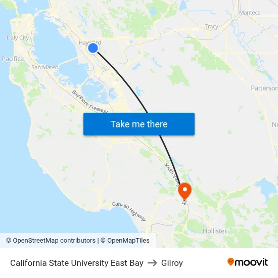 California State University East Bay to Gilroy map