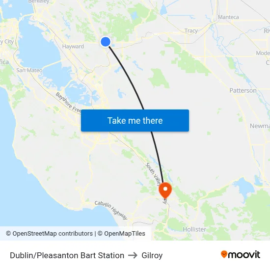 Dublin/Pleasanton Bart Station to Gilroy map