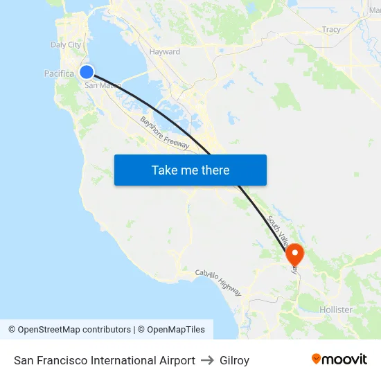 San Francisco International Airport to Gilroy map