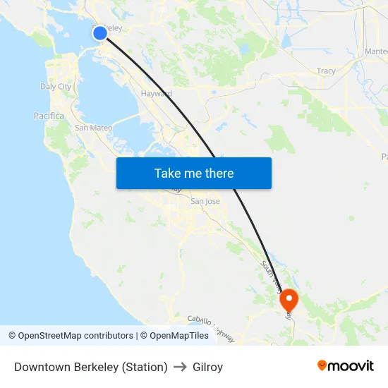 Downtown Berkeley (Station) to Gilroy map