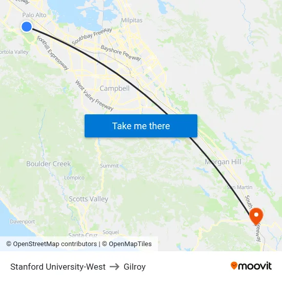 Stanford University-West to Gilroy map