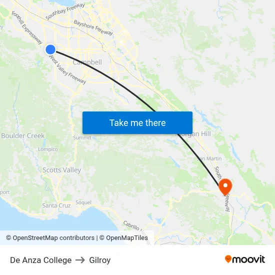 De Anza College to Gilroy map