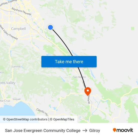 San Jose Evergreen Community College to Gilroy map