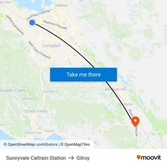 Sunnyvale Caltrain Station to Gilroy map