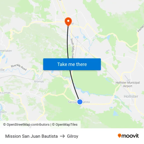 Mission San Juan Bautista to Gilroy map