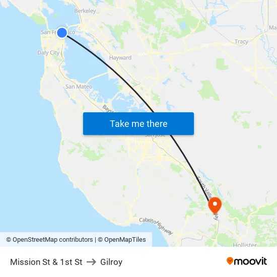 Mission St & 1st St to Gilroy map