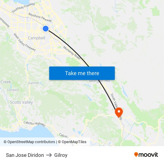 San Jose Diridon to Gilroy map