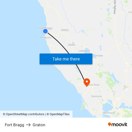 Fort Bragg to Graton map