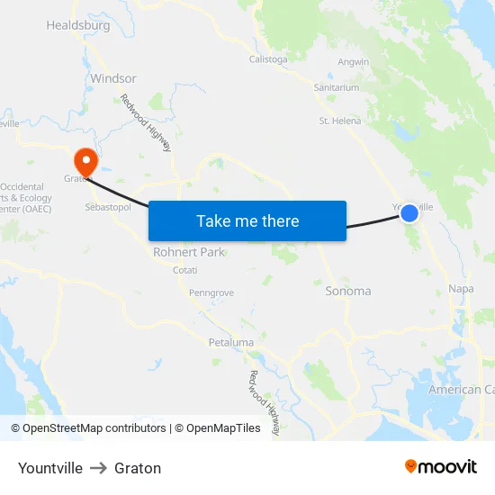 Yountville to Graton map