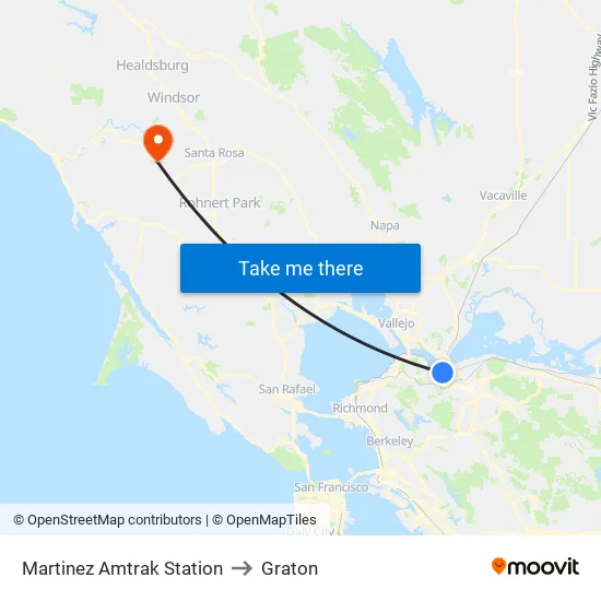 Martinez Amtrak Station to Graton map