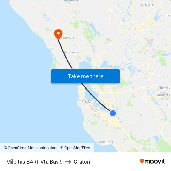 Milpitas BART Vta Bay 9 to Graton map