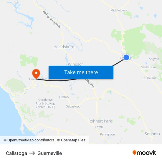 Calistoga to Guerneville map