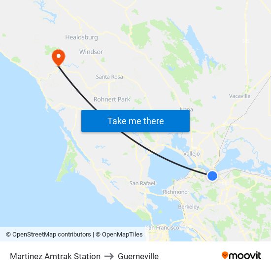 Martinez Amtrak Station to Guerneville map