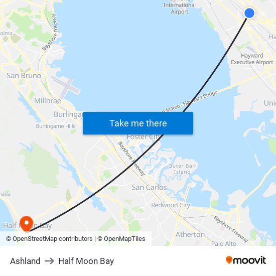 Ashland to Half Moon Bay map