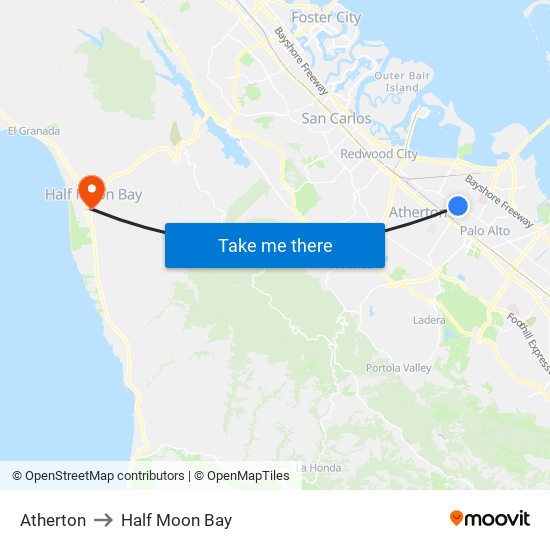 Atherton to Half Moon Bay map