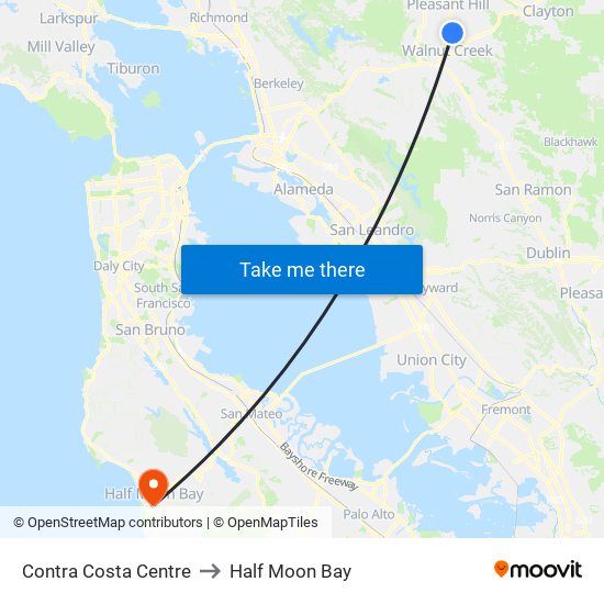 Contra Costa Centre to Half Moon Bay map