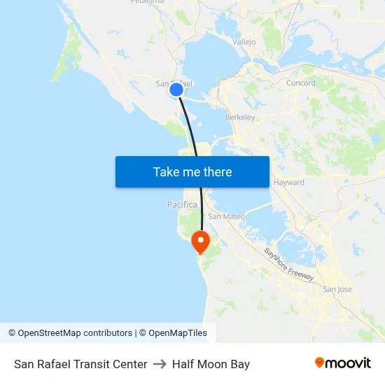 San Rafael Transit Center to Half Moon Bay map