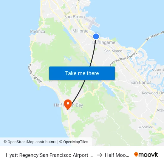 Hyatt Regency San Francisco Airport Burlingame to Half Moon Bay map