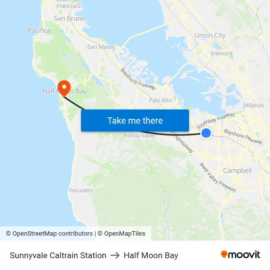 Sunnyvale Caltrain Station to Half Moon Bay map