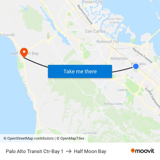 Palo Alto Transit Ctr-Bay 1 to Half Moon Bay map