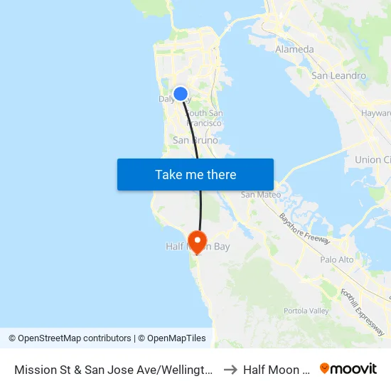 Mission St & San Jose Ave/Wellington Ave to Half Moon Bay map