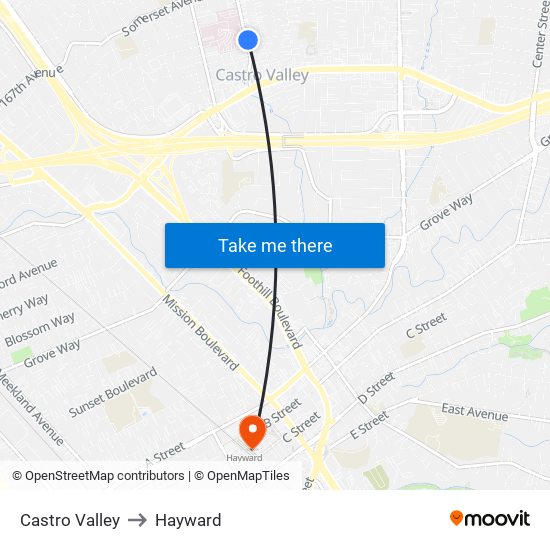 Castro Valley to Hayward map