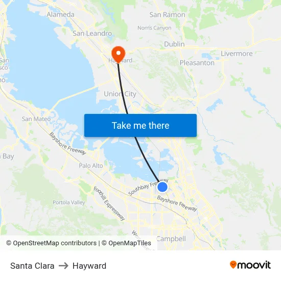 Santa Clara to Hayward map