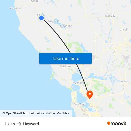 Ukiah to Hayward map