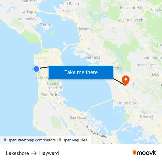Lakeshore to Hayward map