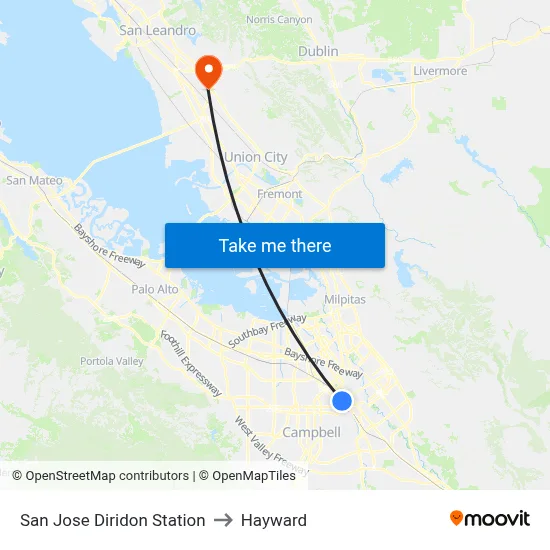 San Jose Diridon Station to Hayward map