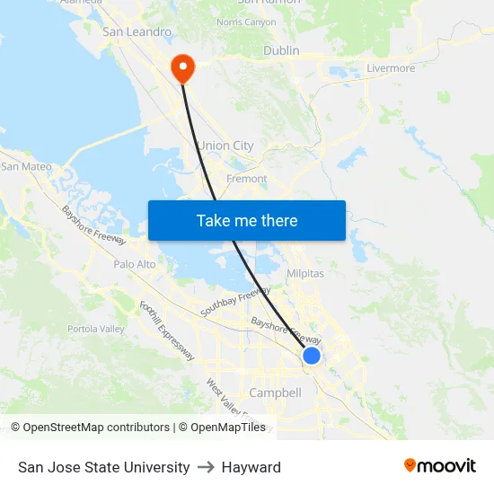 San Jose State University to Hayward map