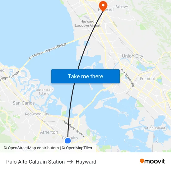 Palo Alto Caltrain Station to Hayward map