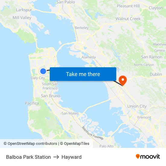 Balboa Park Station to Hayward map