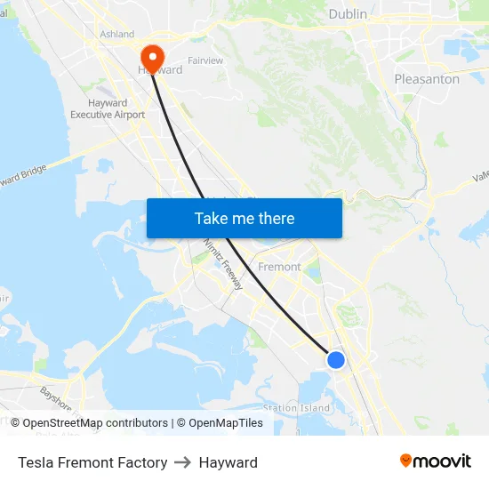 Tesla Fremont Factory to Hayward map