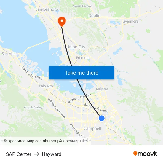 SAP Center to Hayward map