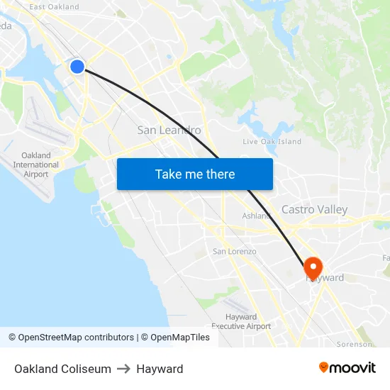 Oakland Coliseum to Hayward map