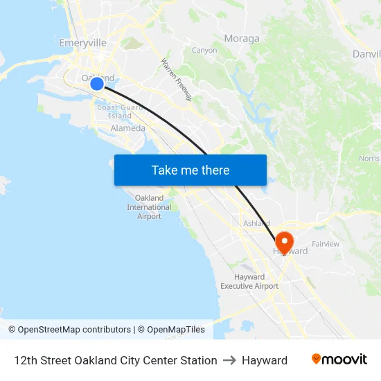 12th Street Oakland City Center Station to Hayward map